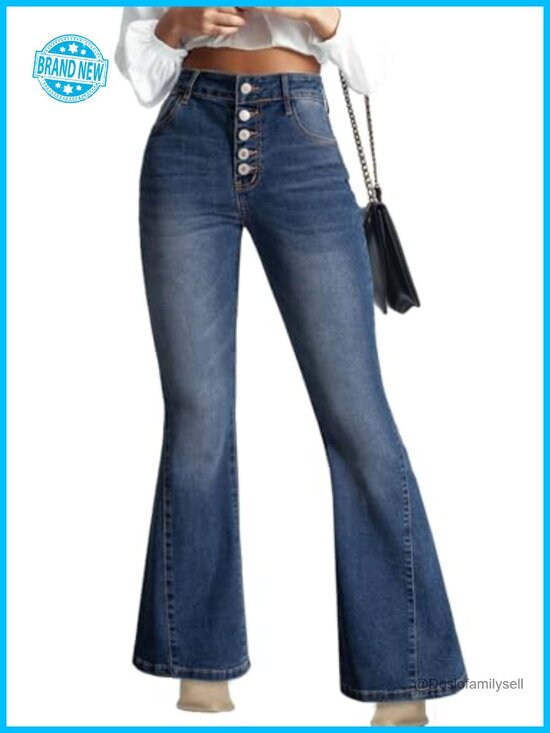Denim - High Waisted Flare Jeans Stretchy Bell Bottom Wide Leg Denim Pants